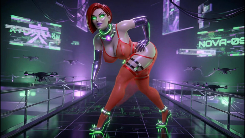 Stories&Anime: Cyber Catwalk - Nova dengan lingerie merah tembus mulut &amp; godaan futuristik