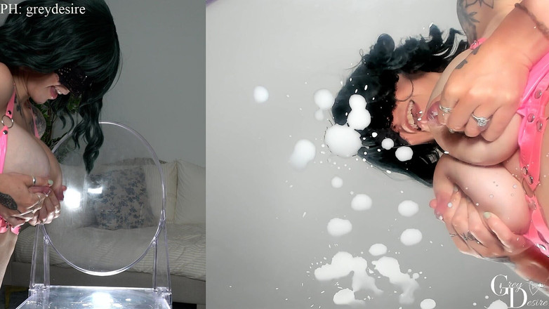Grey Desire: Dual úhel velké kozy kojící MILF dělá mléčný nepořádek - šedá touha