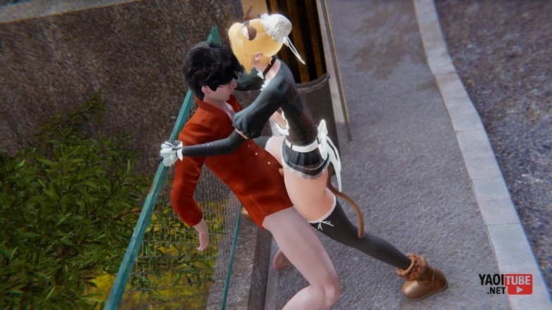 Yaoitube: Yaoi - 性感的猫女仆femboy在公共场合被干