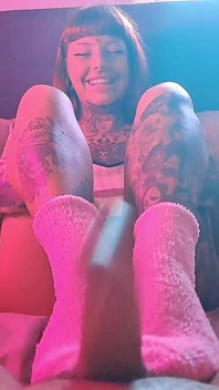 Pink Fluffy Sockjob Ends with Cum on Socks