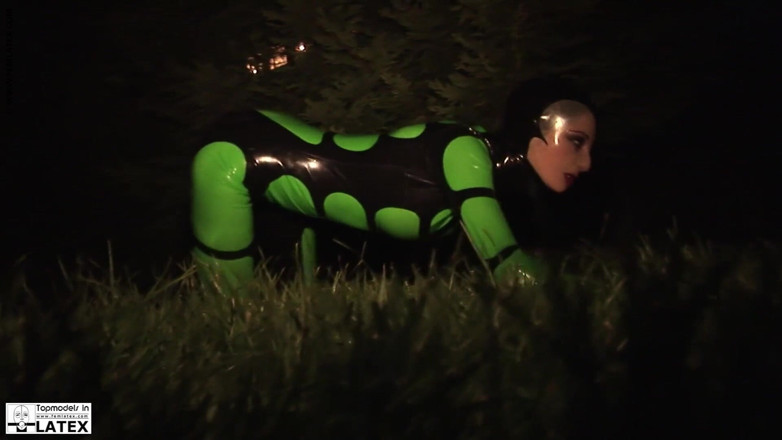 Fem Latex: Slim model masturbating in tight latex catsuit