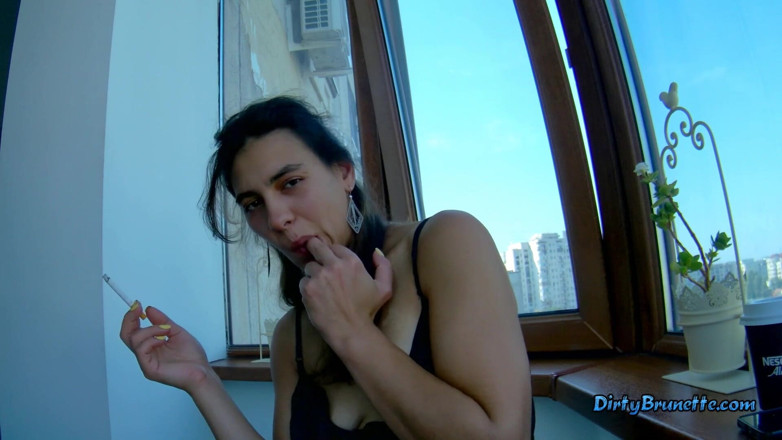 Dirty Brunette: Smoking and fingering on the balcony