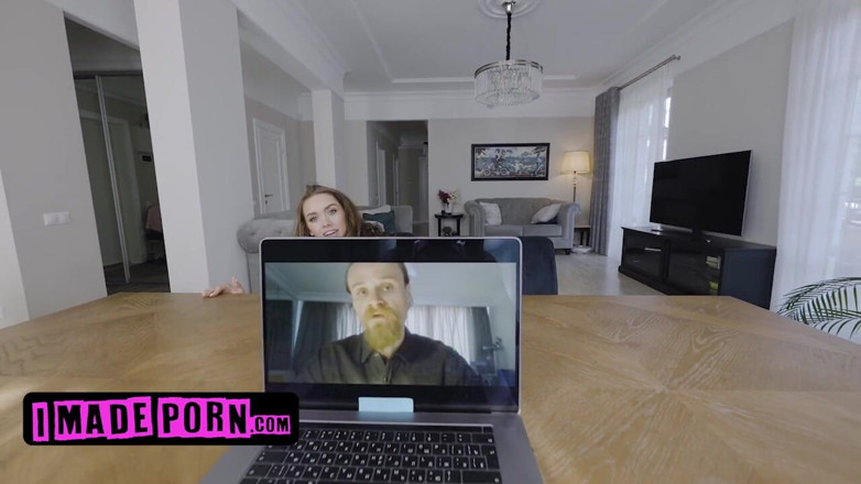 Team Skeet: Hot brunette luxury girl interrupts bf's zoom call by stripteasing...