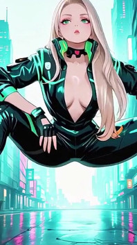 Neon Rain Night! Blonde Agent in Wet Leather Crouching Low, Holographic Glow & Cold Glances.