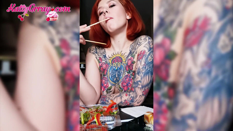 Katty Grray: Charming big boobs babe eats sushi naked - soft erotica