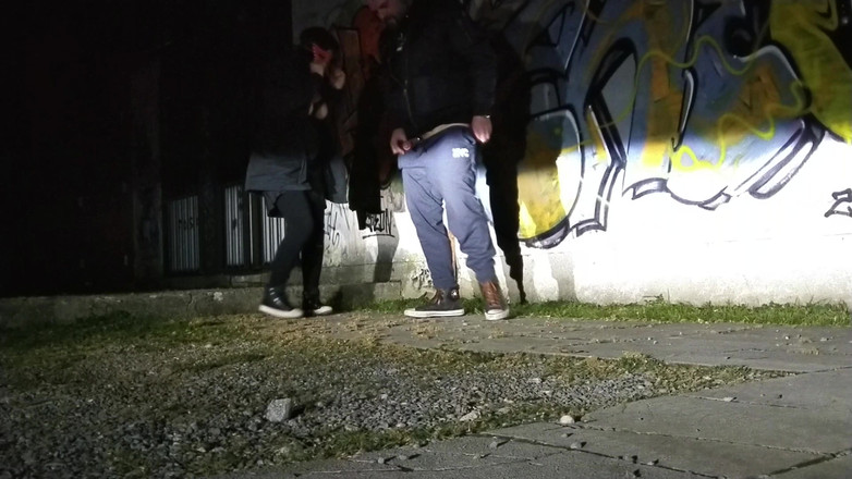 Toilet Mommy: Outdoor Exposure Girl Licks Guy's Ass