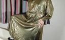 Sissy in satin: Hot crossdresser in erotic gold metallic gown