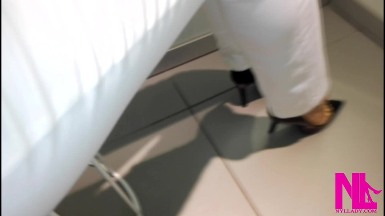 Nyllady: Dangling and Shoeplay in Black Pattent Pumps in a Store...