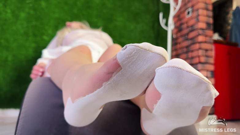Mistress Legs: White Stockings Foot Tease and My Ass in Background After...