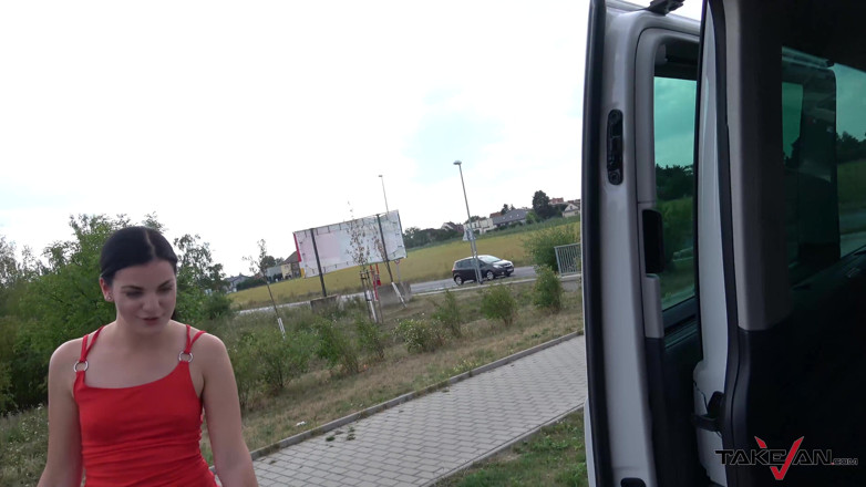 Take Van: Pussy creampie for dirty hitchhiker brunette from the street