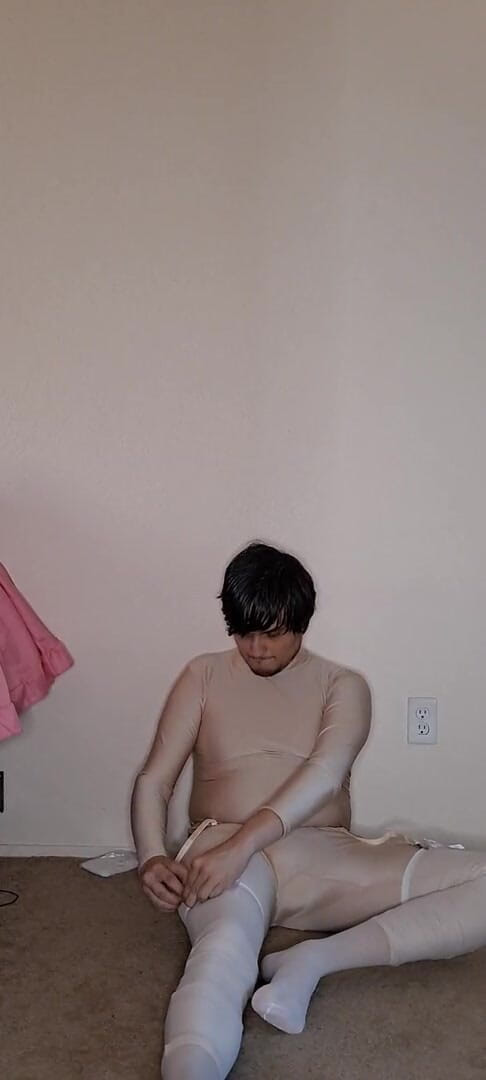 Pup Zentai: Pink spandex maid dress up
