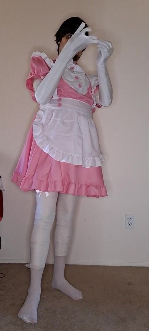 Pup Zentai: Pink spandex maid dress up