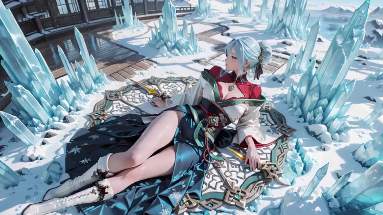 Seraphina Vale: Ice Throne! Silver-haired Mage in Red-green Gown Kneeling, Blue-haired Partner...