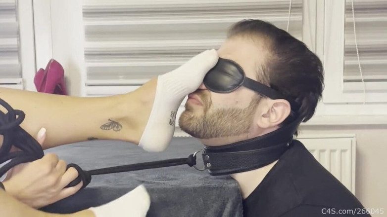 Deep Sole Devotion: Blindfolded Foot Slave on a Leash - Smelly Socks Domination Part 1