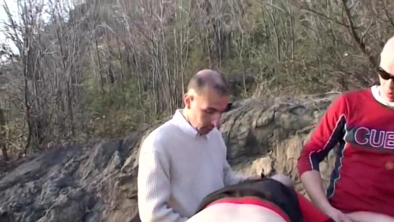 Real Home Made: Big tits brunette banged in threesome outdoor