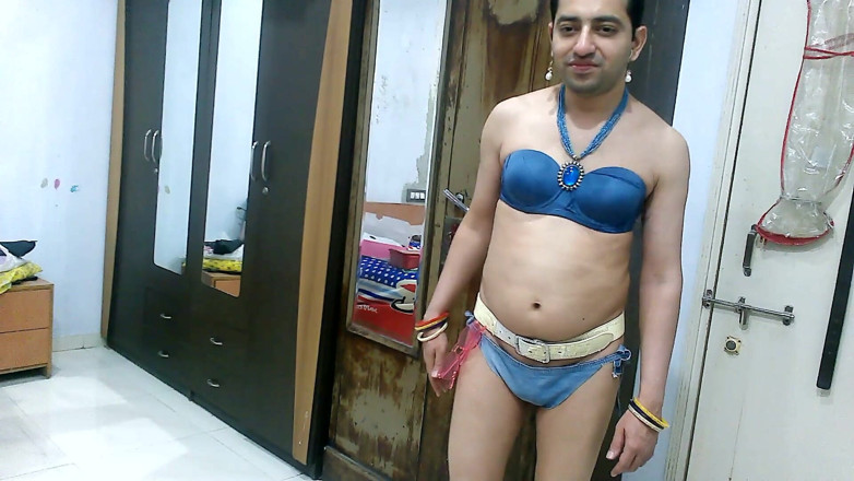 Cute & Nude Crossdresser: Hot sissy crossdresser femboy Sweet Lollipop in a denim bikini...