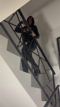 Full Leather Mistress Returns for Her Ashtray. Studded Boots and Whip Tease