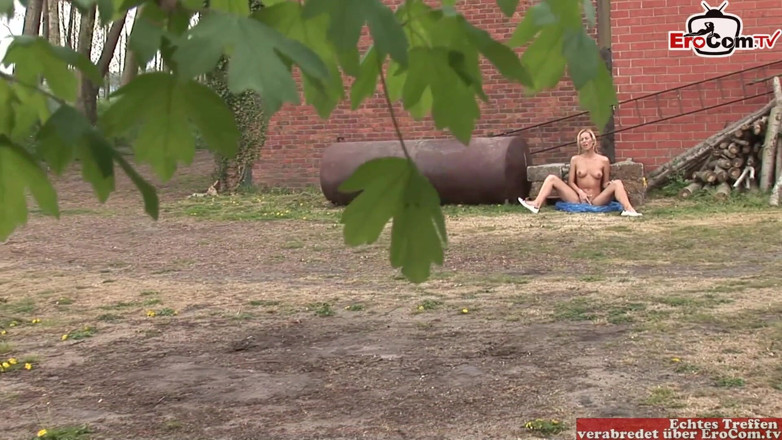 EroCom: Skinny blonde teen with small natural tits during an outdoor...