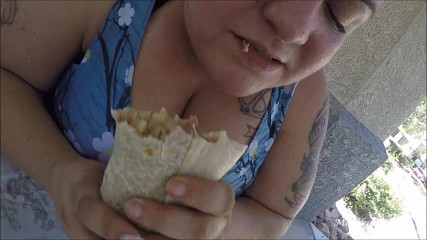 BBW Pleasures: SSBBW eats huge burrito at pool