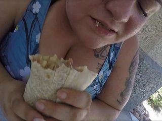 BBW Pleasures: SSBBW eats huge burrito at pool