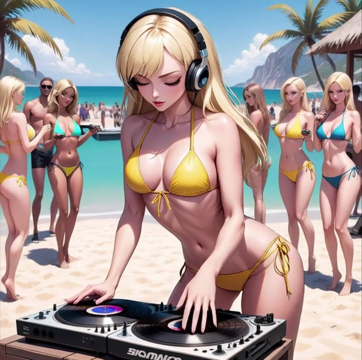Horny van stevie: Anime Sexy Dj di Pantai Synthwave Retrowave