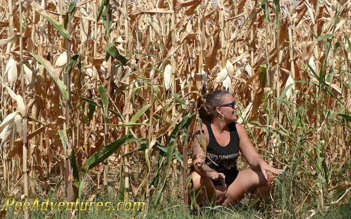 Pee Adventures: Pee in a corn field - Crossing her legs to calm...