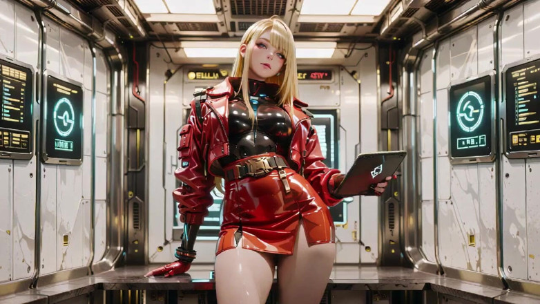 Seraphina Vale: Red Leather Jacket Glistening Under Neon Rain, Kneeling Pose That...