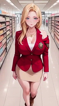 Red Suit Blonde; From Supermarket Stroll to Lazy Orgasm, She Even Puts Her Legs up on the Desk?