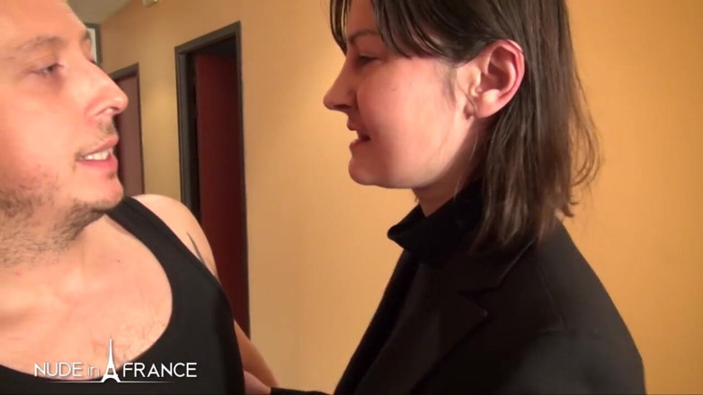 Nude in France: Uptight brunette gets dirty at the office