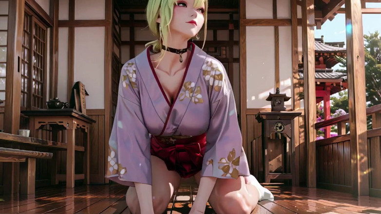 Seraphina Vale: Blonde Goddess in the Japanese Corridor, Lazy Gazes, Hand on...