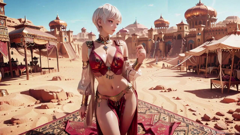 Seraphina Vale: Desert Fantasy! लाल-सोने के महल में चांदी के बालों वाली संतों का निजी नृत्य, लाइट रिबन उसके चारों ओर लपेटना ।