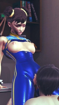 Chun Li Street Fighter 6 - Seksowna cosplay anime dziewczyna w niebieskim kostiumie lateksu dostaje jej cipkę lizał przez obcisłe spodnie z orgazmem