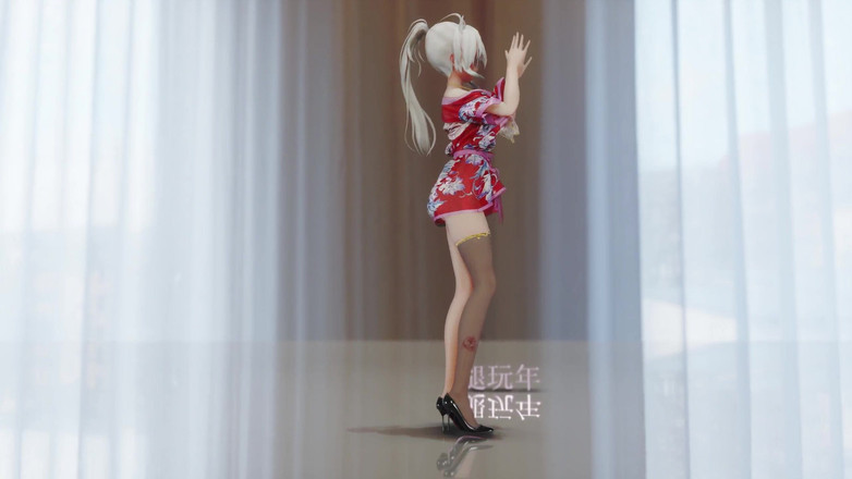 MikuMotion: Çikolatalı krema cheongsam; Siyah çoraplı; Kırmızı soled yüksek topuklu ayakkabılar