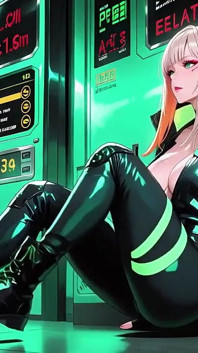 Neon Rain Night! Blonde Agent in Wet Leather Crouching Low, Holographic Glow & Cold Glances.