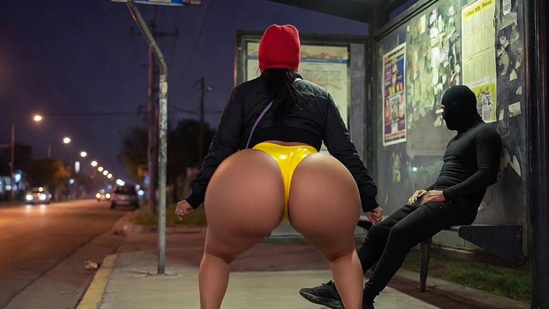 Animate golden: Big Ass Girl in Leather Pants at Bus Stop Ends...
