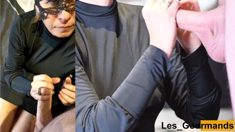 Les Gourmands: MILF sucks in black dress and gets cum on face