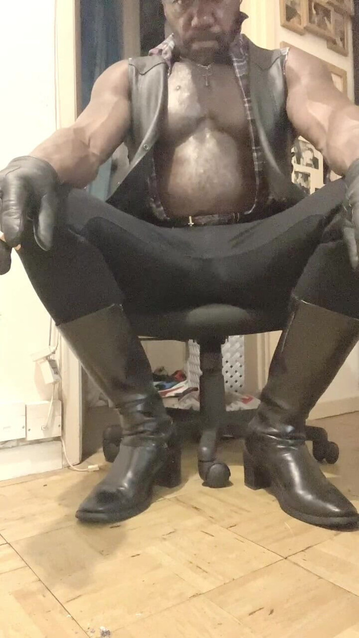 Black smoking muscle stepdad: Leather &amp; Denim Fetish Based Smoking Black Muscle