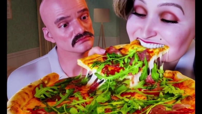 Denis animation: Pulchne dziewczyny z dużymi piersiami uwielbiają pizzę