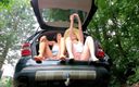 No panties TV: Two hot girl without panties load a car and take...