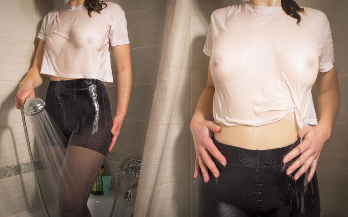 Teasecombo 4K: Teen Amateur In Wet T-Shirt And Pantyhose Showering In The...