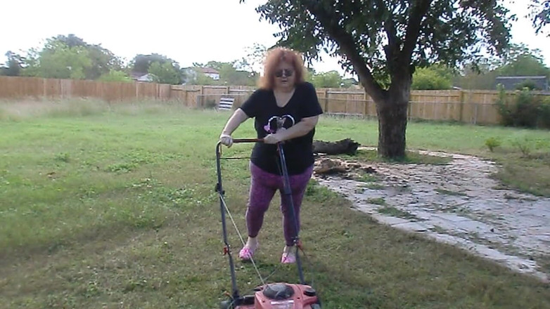 BBW nurse Vicki adventures with friends: Nurse Vicki Mowing Grass dressed then topless