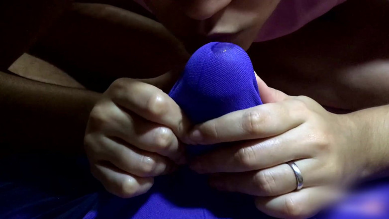 College-couple: Sockjob and handjob over the pants to make me cum...