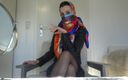 Lady Victoria Valente: Satin scarf mask, headscarf and leather jacket