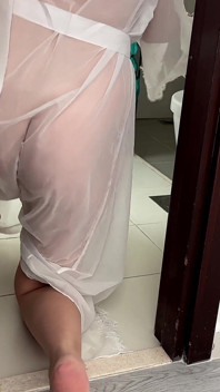 Stepmom Cleans the Bathroom in Her Sheer Dress. Slowly