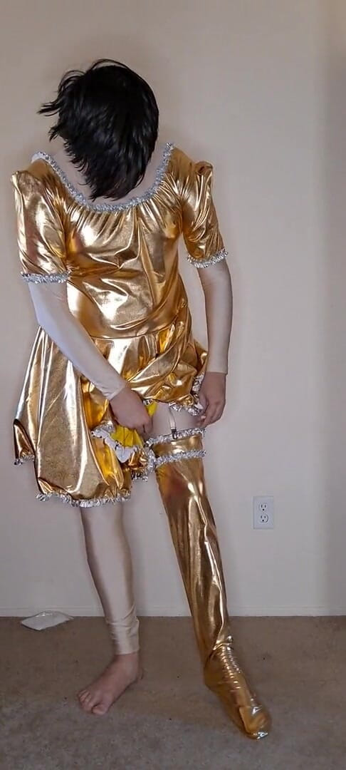 Pup Zentai: Shiny gold maid dress up