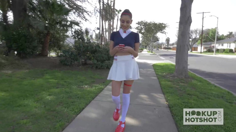 Hookup Hotshot: Petite brunette teen Arielle Faye gets a rough messy fuck...