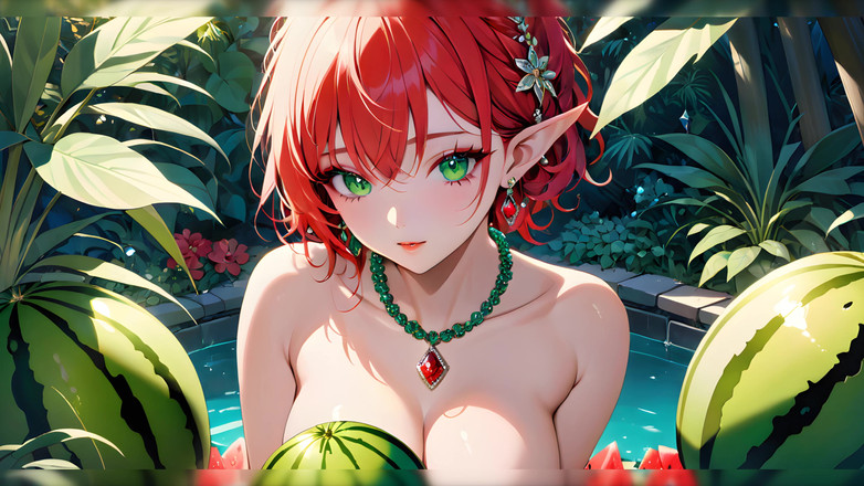 LustRender: Vollbusiges nacktes elfenmädchen mit wassermelone