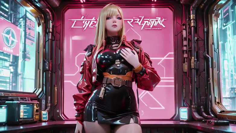 Seraphina Vale: Cyber Valkyrie in Red &amp; Black! Cold, Seductive Kneeling Poses Against...