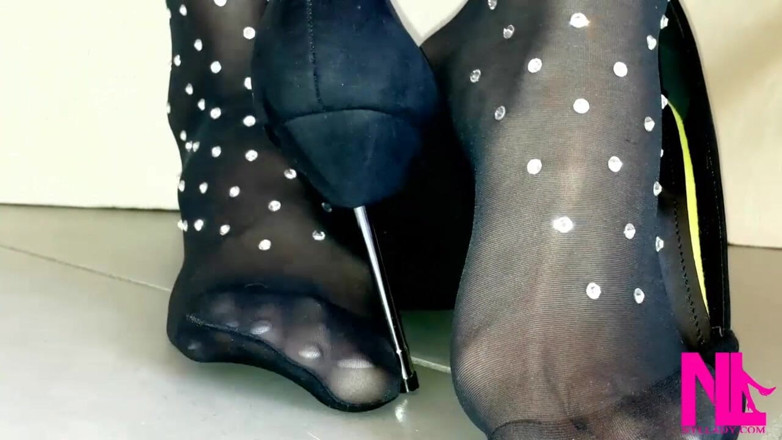 Nyllady: Sensual Dangling and Seducing in Black Wolford Pantyhose and Black...