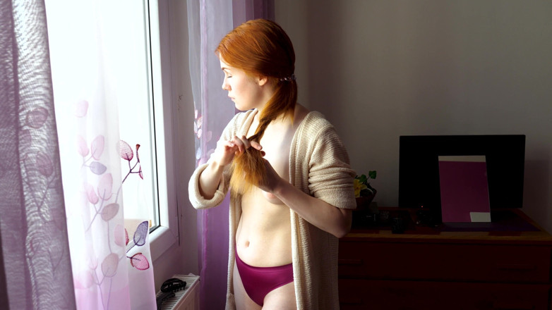 Peaches and Bananas: Naked redhead teen hair brushing at home